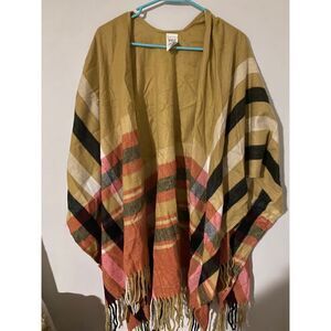 Vintage Plaid Fringe Poncho Wrap Shawl Mustard Multi-Color Fall Winter Boho